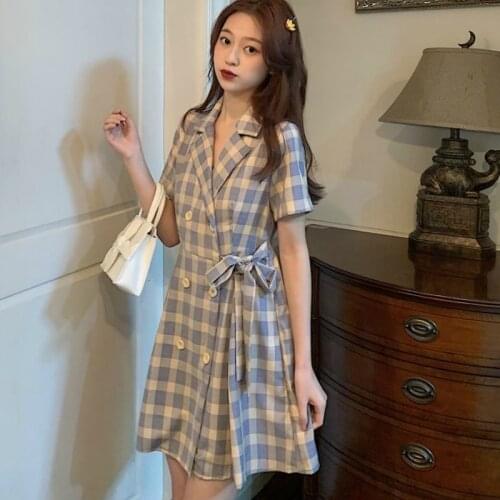 Dress Women Short Sleeve Turn-down Collar Lace Up Plaid Summer Dresses A-Line Double Breasted Empire Waist Down Elegant Ladies