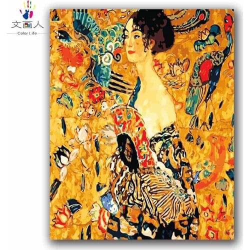 Coloring by numbers Woman with a fan Gustav Klimt picture Abstract figure pictures painting by numbers with kits for hoom decor