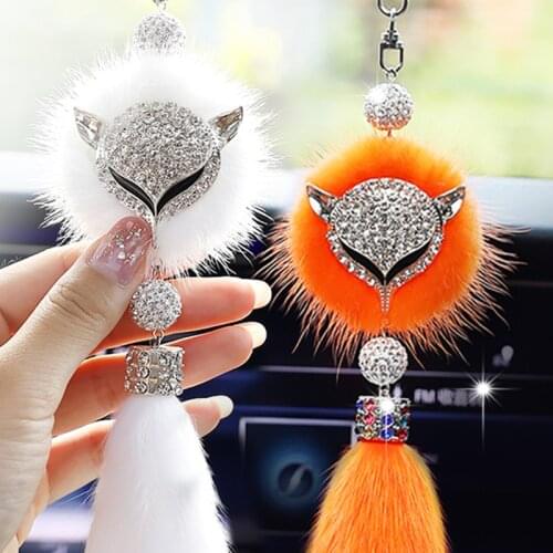 Luxury Diamond Fox Rear View Mirror Ornament Plush 8 Colors Rhinestone Cute Car Mirror Hanging Accessories for Girl Women Ladies
