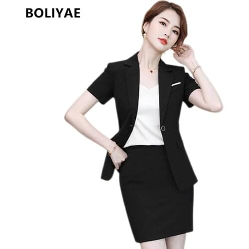 Gray Blazers For Womens Summer Suit With a Skirt Fashion Slim Short Sleeve Business Office Jacket & Pant Work Clothes S-5XL