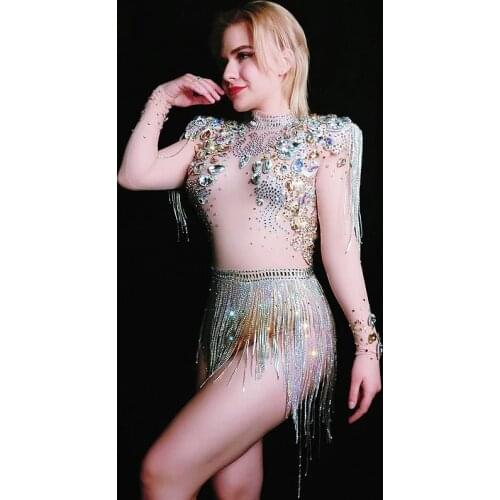 Crystals Mesh Sexy Bodysuit Sparkly Rhinestone Fringes Party Nightclub Outfit Singer Stage Performance Dance Costume