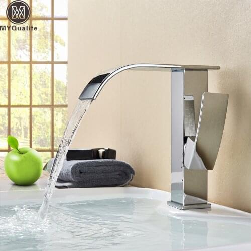 Contemporary Chrome Waterfall Bathroom Basin Sink Faucet Single Handle Lavatory Sink Mixer Tap Deck Mounted