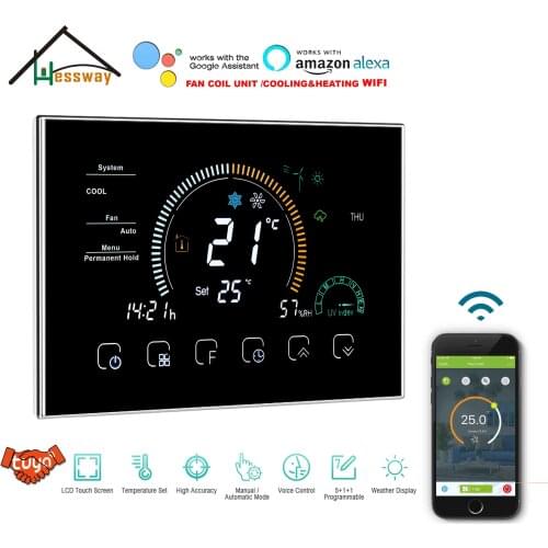 HESSWAY TUYA WIFI Smart Thermostat Temperature Controller for Fan Coil Unit Multifunctional Weather, UV index, Humidity Display