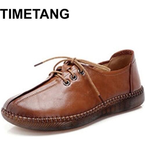 TIMETANGhandmade shoes woman genuine leather women flat shoes Autumn Winter Casual Retro woman flats new arrival basic laceE1440