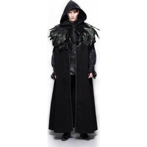 Winter Steampunk Men Women Black Trench Coat Regular Sleeve Detachable Hooded Thicken Long Coats With Feather Shawl CT031
