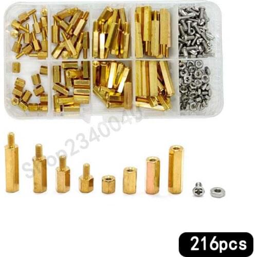 216Pcs/set M2.5 Hex Head Brass Spacing Screws Threaded Pillar PCB Motherboard Standoff Spacer Kit with Plastic Box