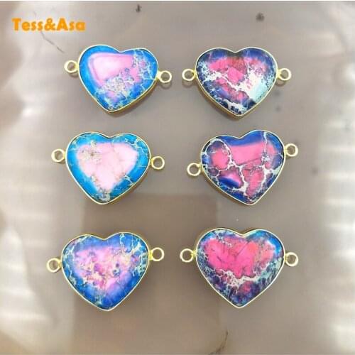 3pcs Natural Exquisite Stone Heart Shaped Pendants Gold Diplopore Connector Charm Woman Fashion Jewelry Necklace Bracelet Making