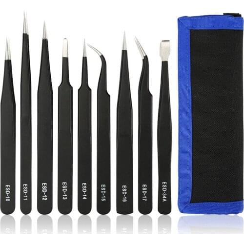 9PCS Stainless Steel Tweezers combination suit Special tweezers set for clock maintenance Antistatic industrial tweezers
