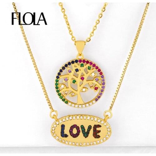 FLOLA Paved Gold Filled Love Letter Necklaces For Women Multicolor Tree Of Life CZ Necklaces Zirconia Rainbow Jewelry nkeq72