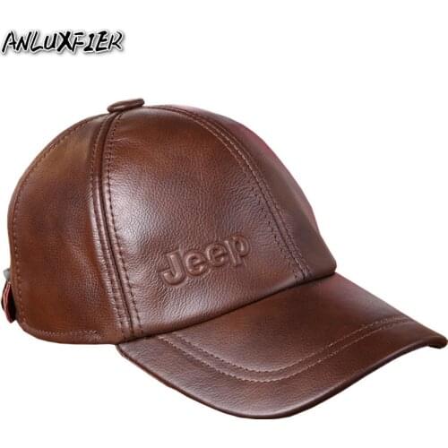 B-7251 Genuine Leather Hat Male Cowhide Mens Casual Cap Adult Thermal Middle Age Baseball Hat Ear Protective Adjust Size