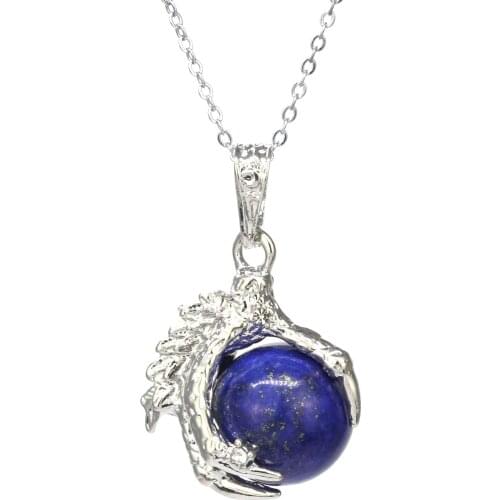 KFT Natural Round Beads Dragon Claw Stone Pendant Healing Crystal Quartz Lapis Lazuli Tiger Eye Stone Pendants Chain Necklace