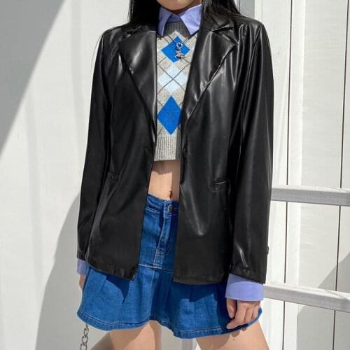 Fashion Women Jacket Black PU Leather Blazer Autumn Winter Cool Smooth Lapel Long Sleeve Buttons Jackets Streetwear Loose Coats