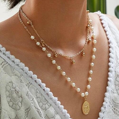 Trendy Handmade Pendant Necklace Imitation White Pearl Beaded Christian Pednant Necklace Layered Tassel Jewelry for Women Gift