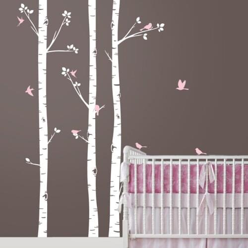Baby Nursery Wall Stickers Set of 3 Birch Trees with Birds Removable self adhesive Wall Decals For Living Room Wallpaper ZA322