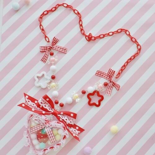 Handmade Lolita Girl Sweet Harajuku Cute Bow Necklace Donut Strawberry Accessories Love Necklace Sweet Princess Gift
