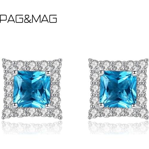 PAG&MAG Elegant Square Sapphire Stud Earrings 925 Sterling Silver Earrings For Women Wedding Bride Brincos Jewelry Gift SE0121