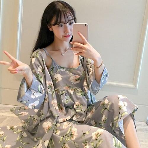 Sexy Floral Printed Ladies Home Service Three Piece Sets Women Autumn Sleepwear Nightgown Sling Pajamas Lounge Wear Pyjama Femme