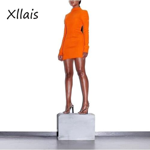 XLLAIS Thick Cotton Material Orange Dresses Women Side Zippers Long Sleeve Ribbed Vestidos Ladies Club Black Tight Mini Dress