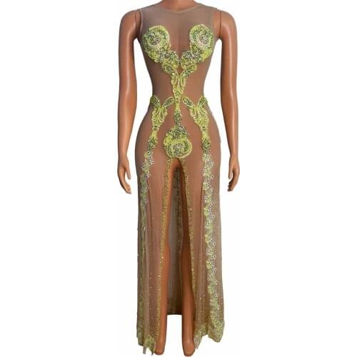 Sexy Rhinestone Transparent Long Dress Women Stretch High Slit Club Party Dress Latin Dance Stage Dress Singer Performance Wear