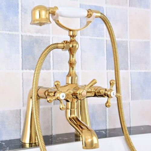 Luxury Gold Color Brass Deck Mounted Bathroom Tub Faucet Set with 1.5M Handheld Shower Spray Head Bath Mixer Tap 2tf785
