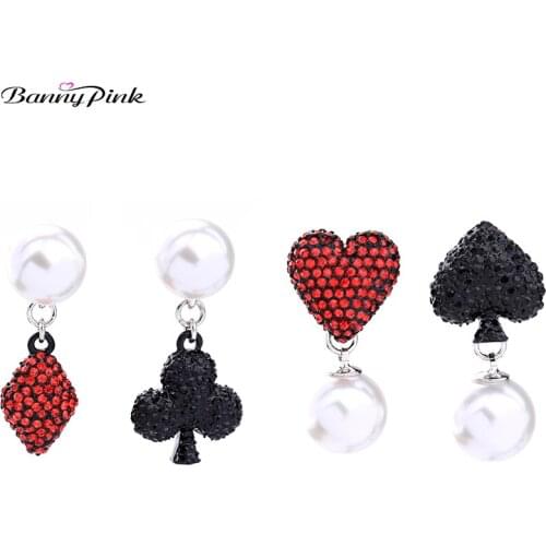 Banny Pink Cute Poker Alloy Hearts Spades Pendant Studs Earrings For Women Chunky Imitation Pearls Post Earrings Fashion Jewelry