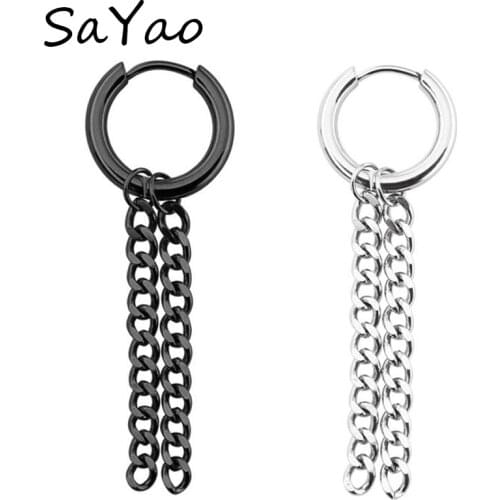 SaYao 2Piece Stainless Steel Hoop Earring Cute small Circle Ear Earrings Long Tassels Huggie Jewelry Gift