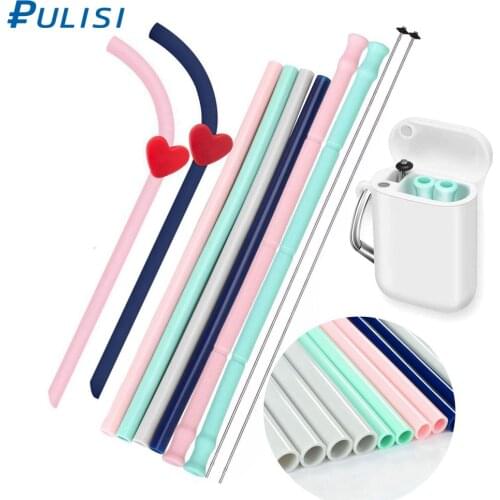 PULISI Silicone Straws 9.8inch Big Size Reusable Silicone Drinking Straws with Carrying Case and Cleaning Brushes BPA Free