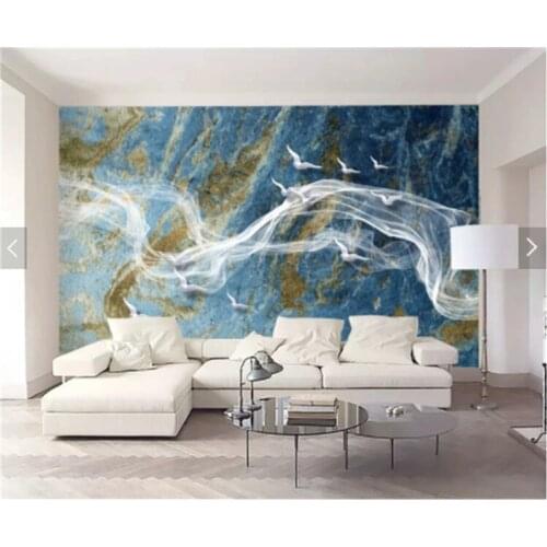 Blue Retro Abstract Lines Flying Birds Oil Painting Photo Wallpaper Stone Textured Nordic Background Wall Cloth Mural Wallpaper