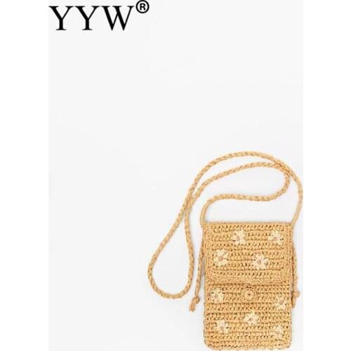 Mini Beige Embroidery Crossbody Bag Women Weaving Ladies Straw Bag Wrapped Beach Bag Summer Vacation Casual Handmade Shoulder