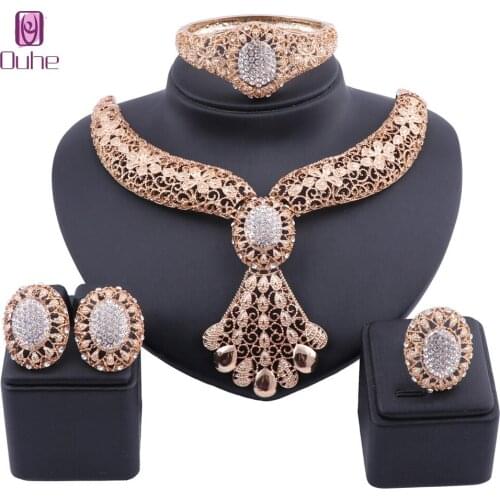 Bridal Gift Nigerian Wedding African Beads Jewelry Set Brand Woman Fashion Dubai Gold Color Crystal Necklace Jewelry Set