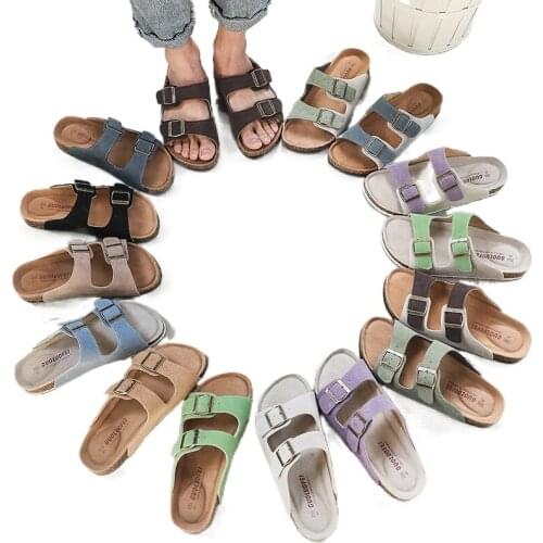 Mens womens cork slippers for summer wear fashion all-match non-slip couple cowhide slippers vacation beach shoes