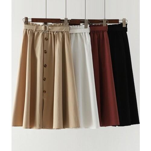 2019 New Women Summer Solid A-line High Waist Skirt Fashion Single Breasted Wild Joker Medium Long Skirts Korean Ladies Clothes