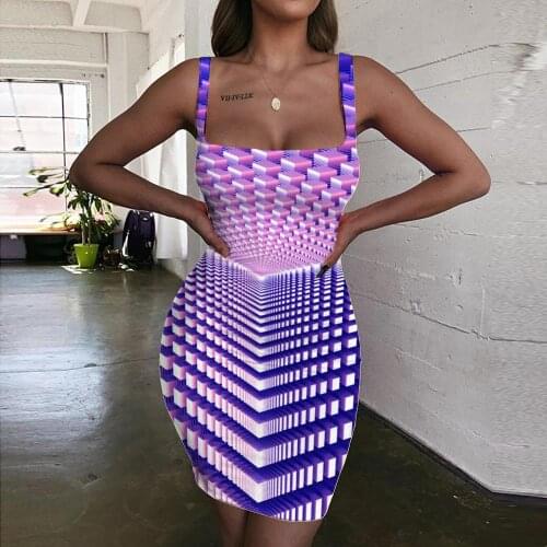 Giyu Geometric Dress Women Psychedelic 3d Print Vortex Bodycon Dress Purple Vestido Sexy Womens Clothing Mini Evening Vintage