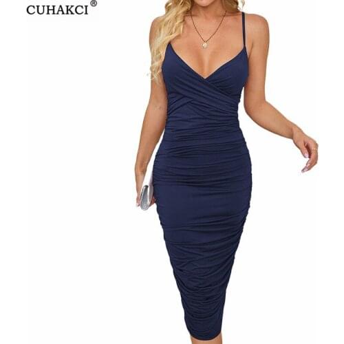 CUHAKCI Women Summer Bodycon Party Pencil Dress Cross Bust Black V-Neck Sexy Skinny Spaghetti Strap Elegant Backless Vestidos