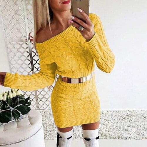 Women Sexy Bodycon Mini Sweater Dress Casual Fashion Off-shoulder Knitwear Autumn Winter Black Yellow White Warm Knitted Dress