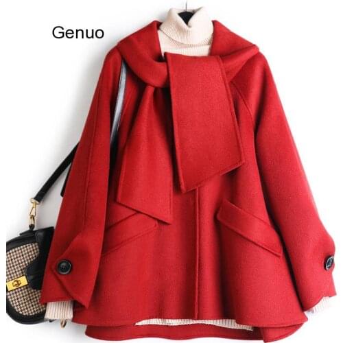 Scarf Collar Winter Wool Coat Solid Red Women Winter Jacket Short Parkas Covered Button A-line Casual Outwear Femme Overcoat