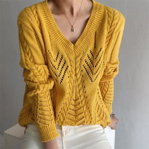 ZXQJ Women 2021 Fashion Hollow Out Cropped Knitted Sweater Vintage V Neck Long Sleeve Female Pullovers Chic Tops