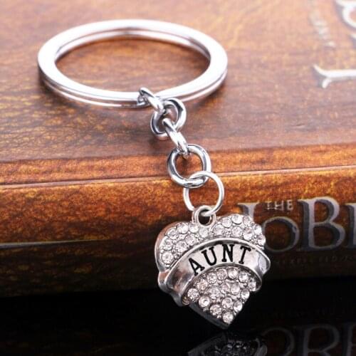 12PC/Lot Shiny Clear Crystal Rhinestone Love Heart Charms Keychain Aunt Keyring Gifts For Niece Auntie Aunty Key Chains Jewelry