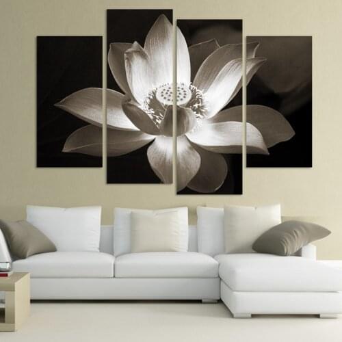 4 Panel Modern Lotus Flower Canvas Painting Black White Print Poster Wall Art Pictures Unframed