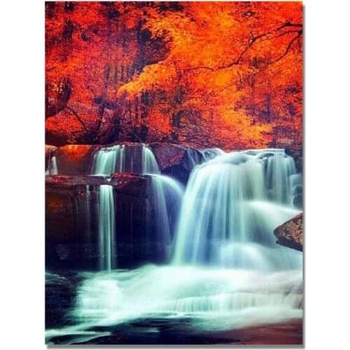 5D Diy Full Round Daimond Painting Cross-Stitch Waterfall Fall Diamond Mosaic Rhinestones Embroidery Autumn Landscape Decor Gift