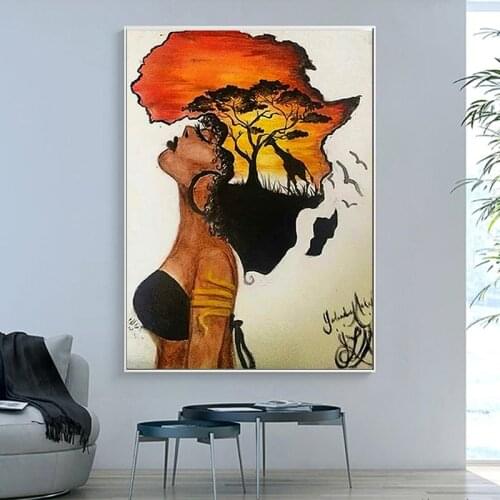 Abstract Africa Map Shape Head Classical African Woman Canvas Paintings Prints and Posters Wall Art Picture Home Decoration