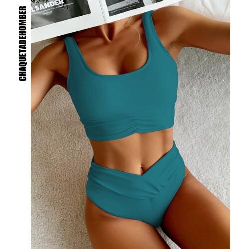 Push Up Bikinis Sexy Womens Swimsuit 2021 High Waist Swimwear Ruched Bathing Suit High Cut Biquini Soild Bikini Set Beachwear