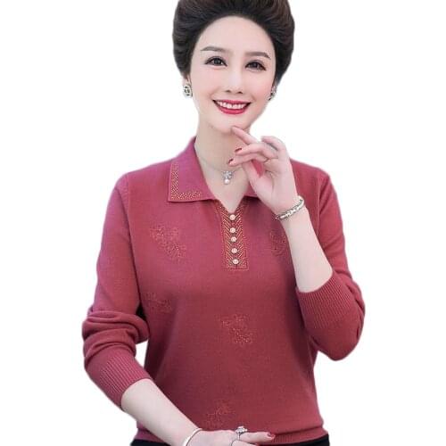 Large Size Spring Women Lapel Knit Sweater New Long Sleeve Embroidery Eelegant Pullovers Middle-aged Women Sweaters Jumper W2171