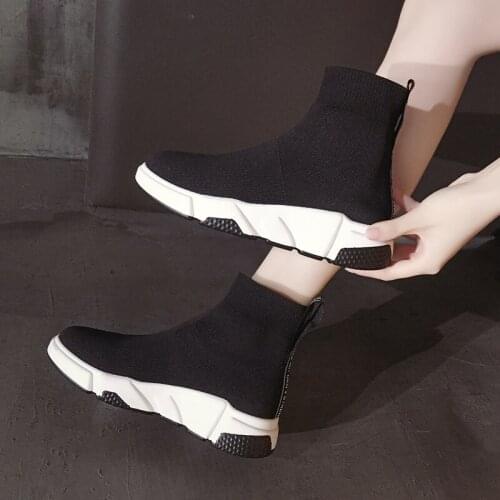 High-top Stretch black booties brand breathable knitted wool botas ladies fashion wedges ankle sock boots femme platform creeper
