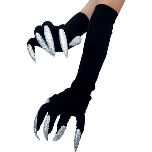 Black Halloween Party Long Nail Gloves Terror Ghost Cosplay Accessory Elbow Length Full Finger Gloves With Paw Performance Props