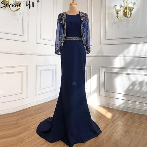 Serene Hill Navy Blue Mermaid Elegant Evening Dresses Gowns 2021 Satin Beading Shawl Yarn Sexy For Women Party LA70884