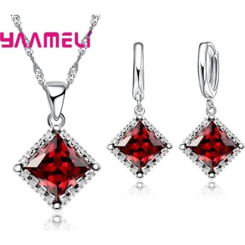 Top Quality Clear Red Blue Austria Crystal 925 Sterling Silver Jewelry Sets Earrings Pendant Necklace Set for Women Wedding
