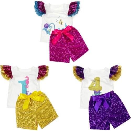 2pcs/set Korean Style Clothing Sets Sleeveless Cartoon Dress and Pure Color Sequins Shorts Childrens Clothes Gifts For Kids