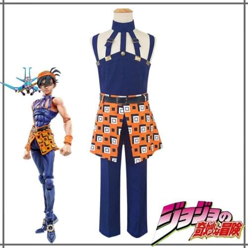 New Anime JoJos Bizarre Adventure Cosplay Costume Narancia Ghirga Costume Halloween Clothes Top Pants Belt Headwear Sets