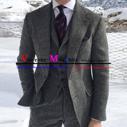 Gray Wool Tweed Mens Suits Sets 3 Piece (Jacket+Vest+Pant) Formal Wedding Groom Tuxedo Office Male Business Blazer Traje Hombre